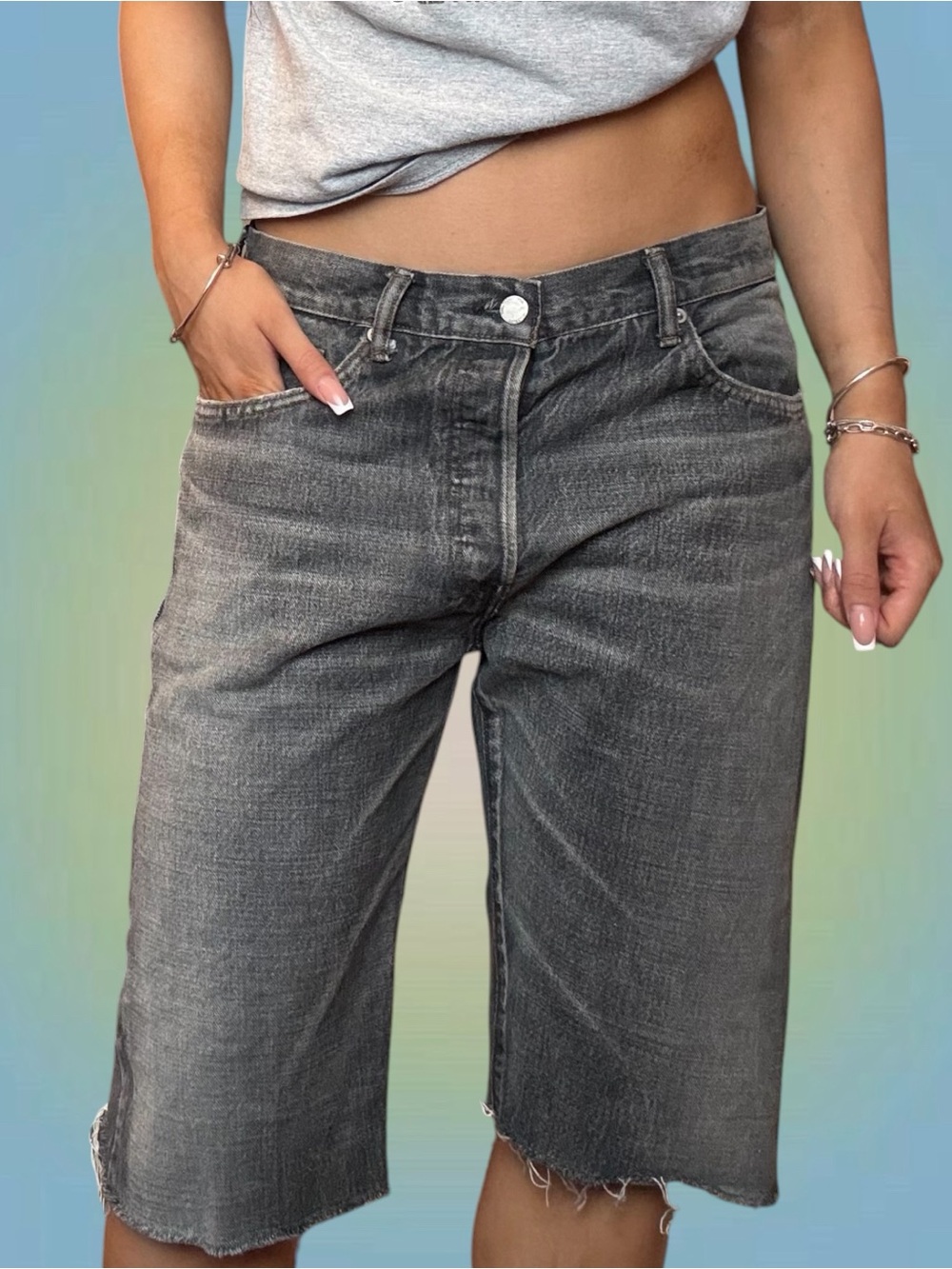 Washed Gray High-Rise Boyfriend Jean Shorts Bermuda
